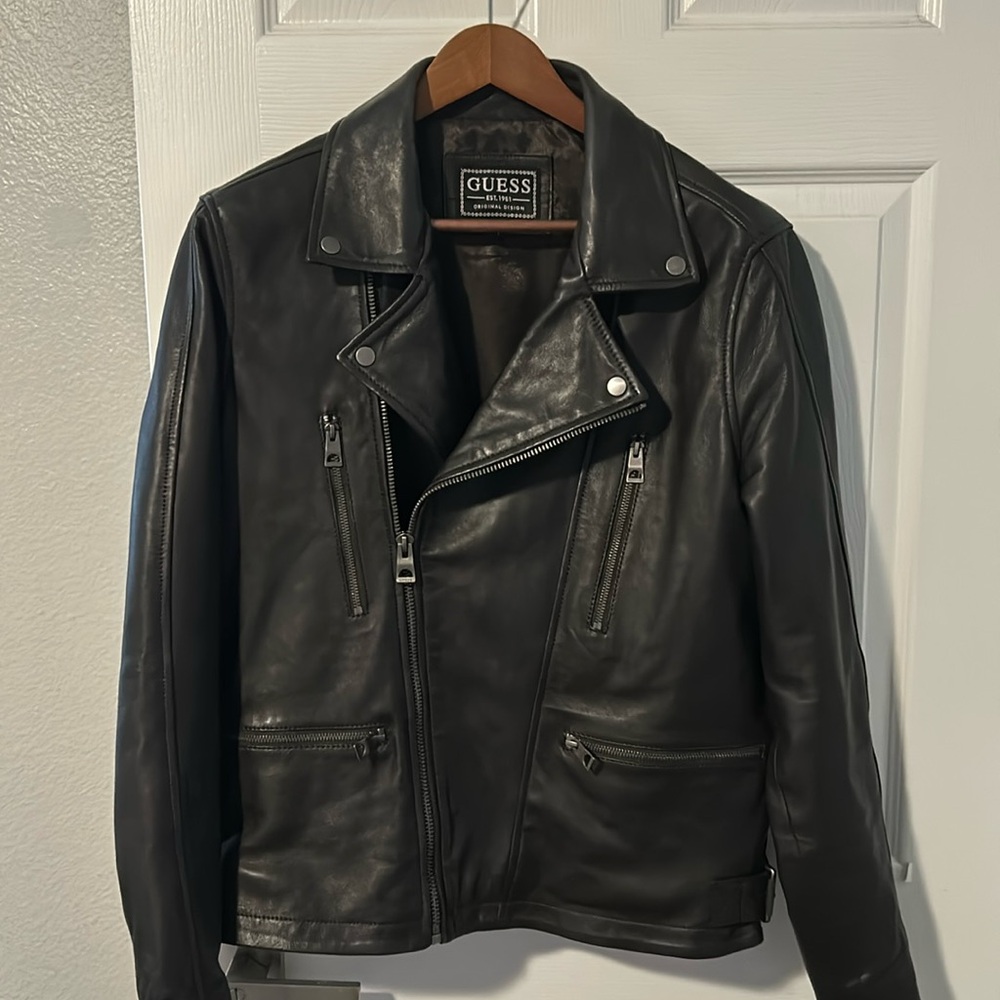 Guess mens leather jacket large - Dark Brown